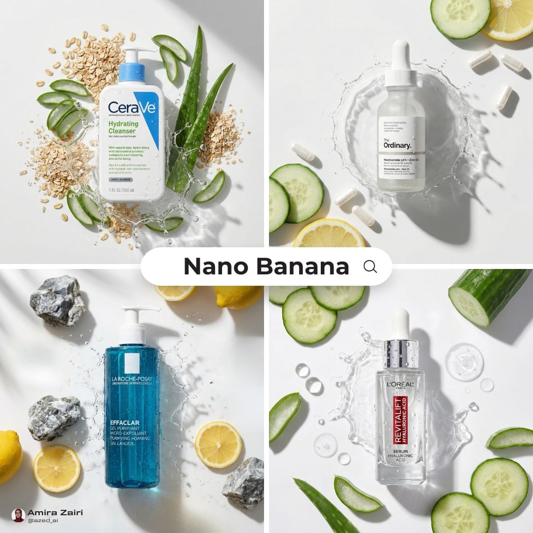 nano banana 产品主图提示词：护肤品俯拍平铺 + 原料环绕 + 水花定格（广告大片质感）