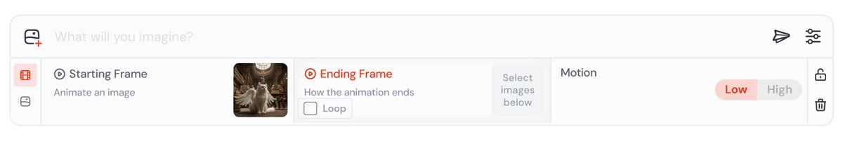 视频模式的 Imagine 栏：Starting Frame（首帧）、Ending Frame（结束帧，可勾选 Loop）和 Motion（Low / High）（英文界面）