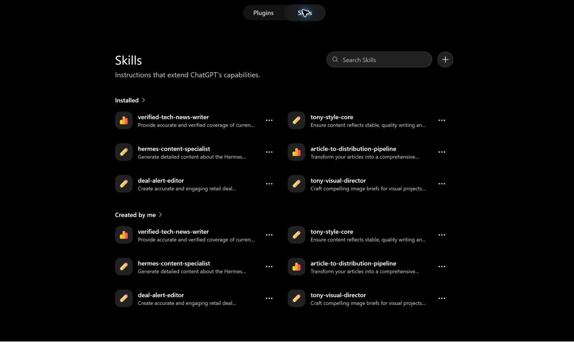 插件目录顶部切到「Skills」后的技能页：已安装与我创建的技能列表，右上角是搜索和「+」按钮（2026 年 7 月英文界面）