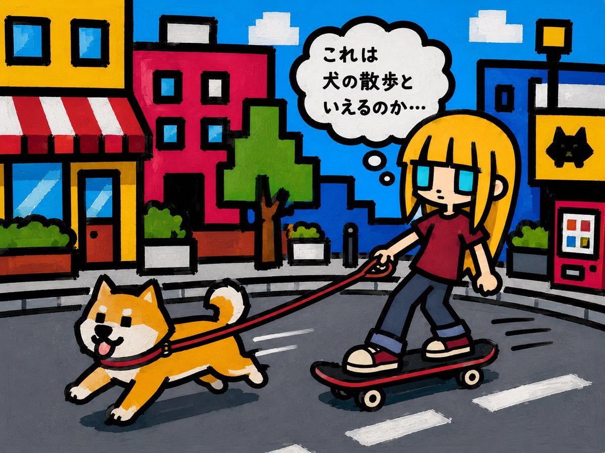 漫画提示词：粗黑描边水粉风单格搞笑漫画（滑板少女被柴犬拖着走）（gpt-image-2）