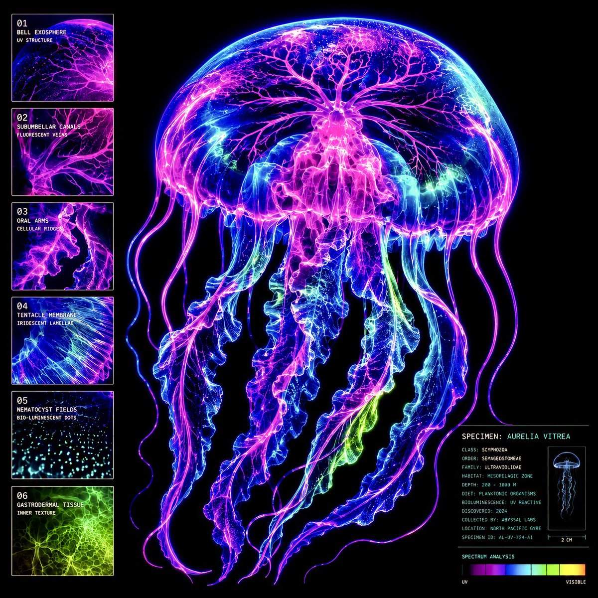 荧光生物标本图提示词：黑底霓虹水母科学图鉴海报（gpt-image-2）