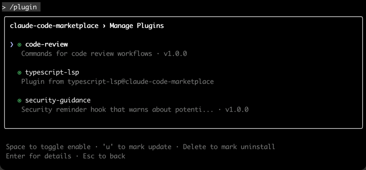 Claude Code 里输入 /plugin 打开的插件管理界面（官方示例，列出的是其他插件）