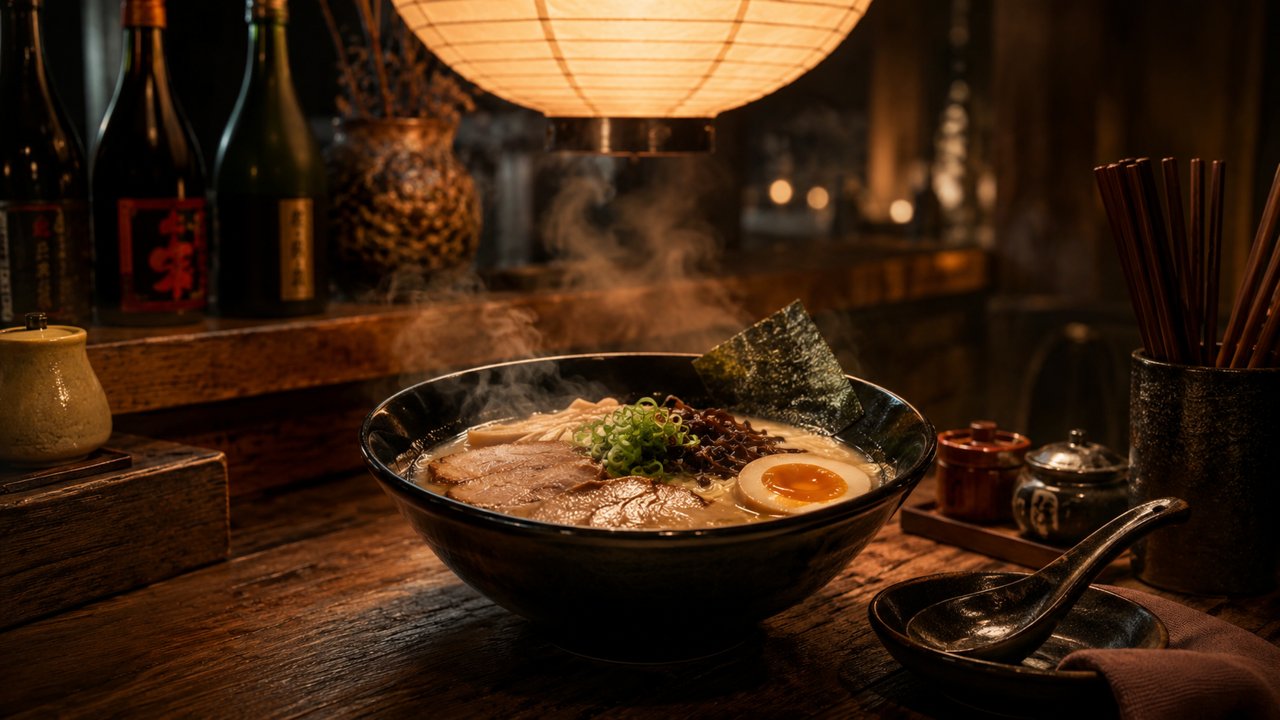 veo 3 提示词：美食视频（拉面热气特写 · 居酒屋氛围）