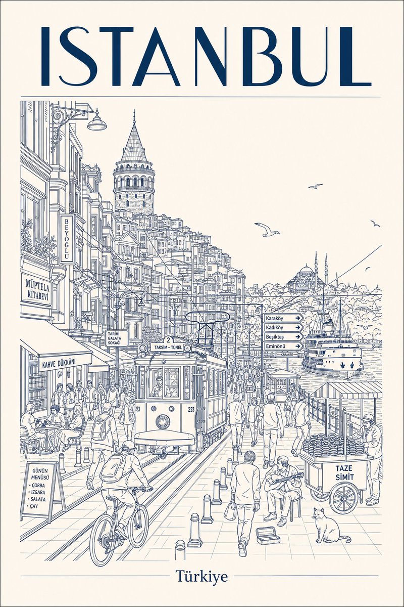 城市旅行海报提示词：极简单色线描风城市街景海报（可换任意城市）
