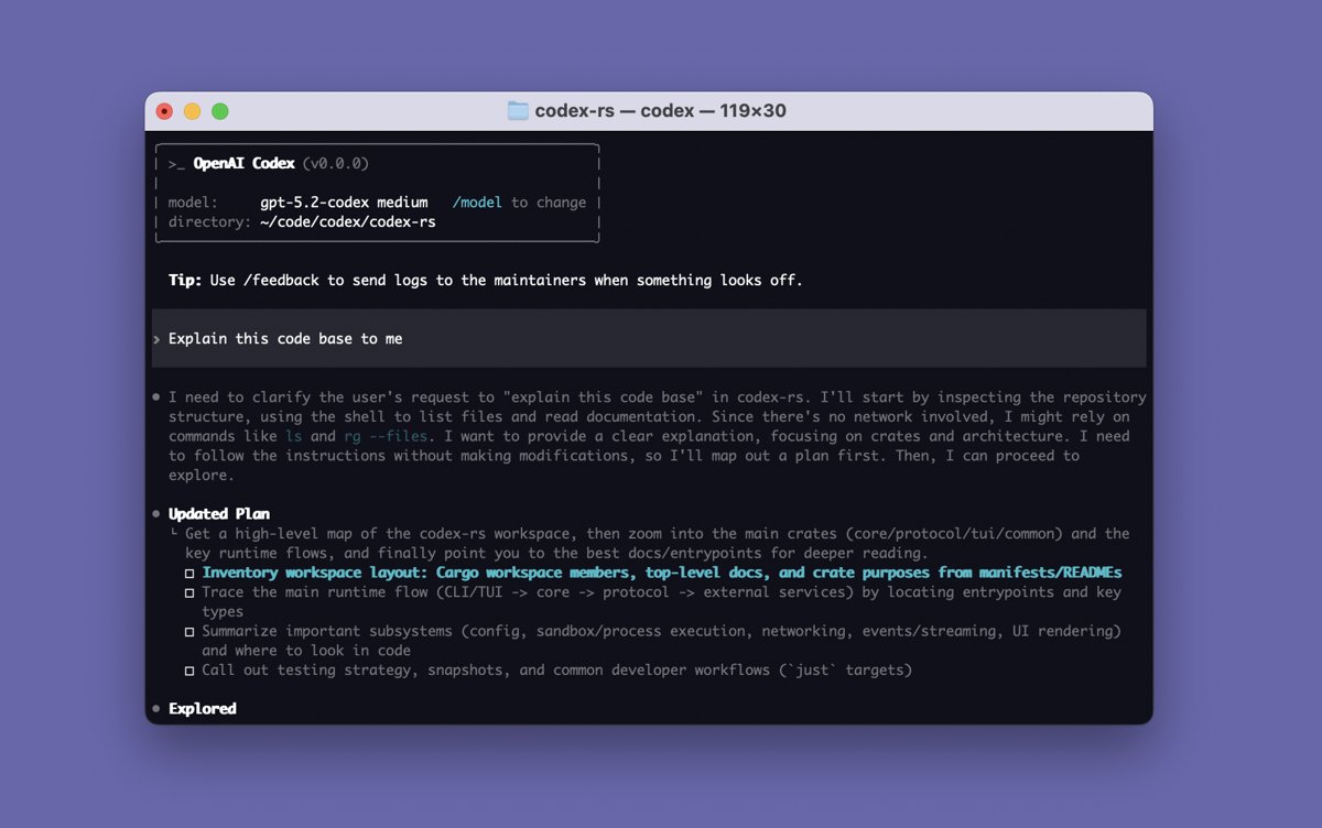 官方示意图：在 Codex CLI 里让它解释代码库，它会先列计划再去读文件