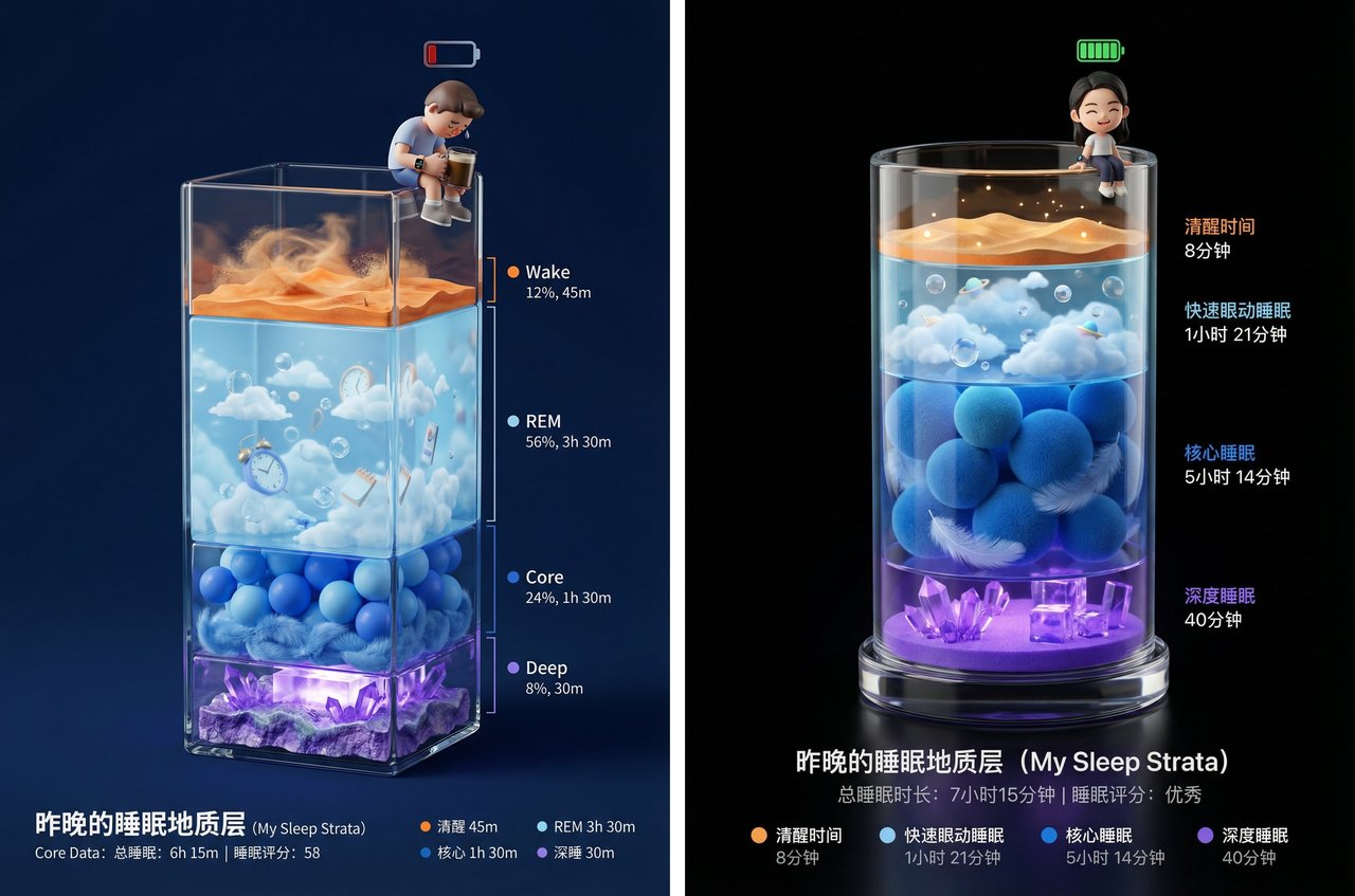 nano banana 数据可视化海报提示词：把手表睡眠数据做成"睡眠地质层"3D 海报