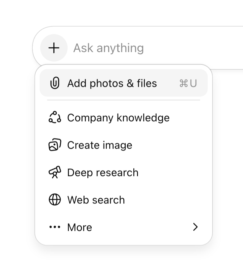 ChatGPT 输入框的「+」菜单，第一项是「Add photos & files（添加照片和文件）」，下面还有创建图片、深度研究、网页搜索等（英文界面）