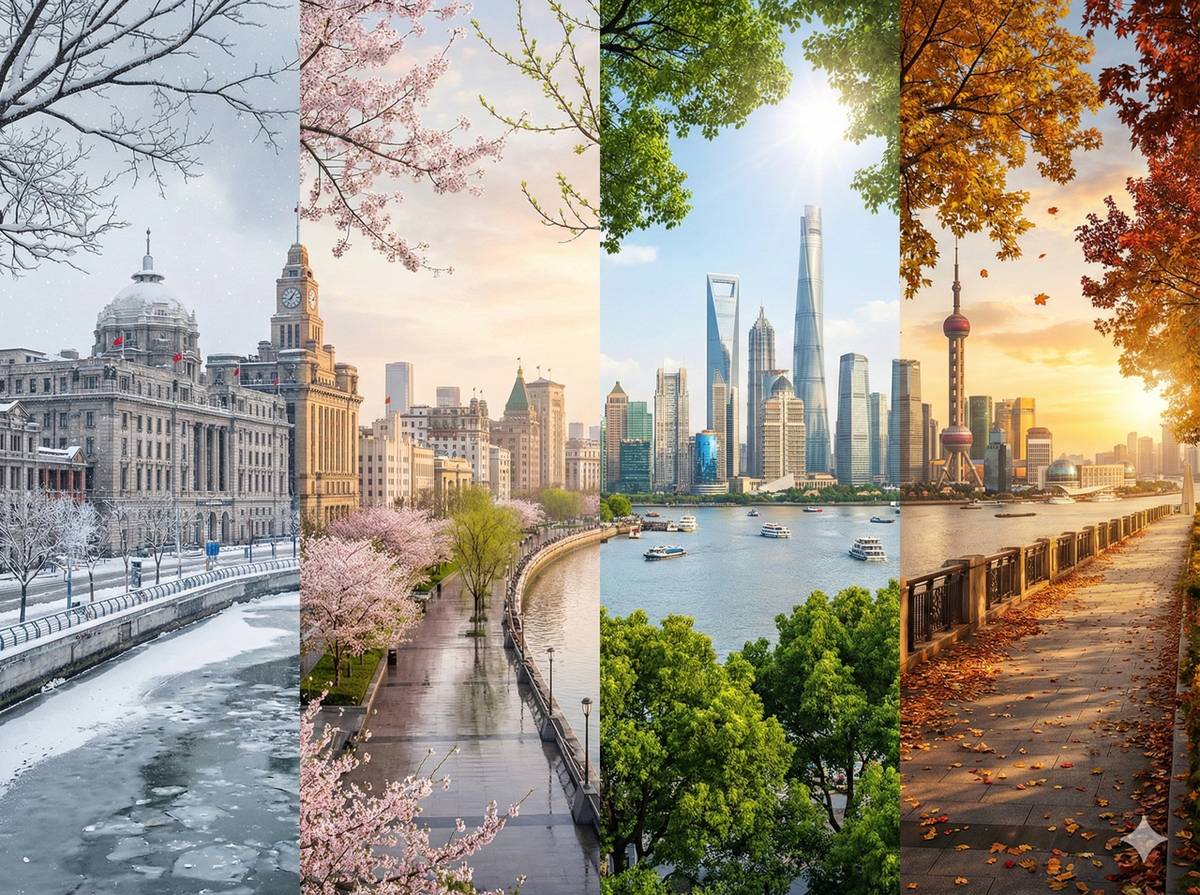 gemini 生图提示词：一张图画出春夏秋冬四季变化的城市全景（外滩示例，可换任意地点）
