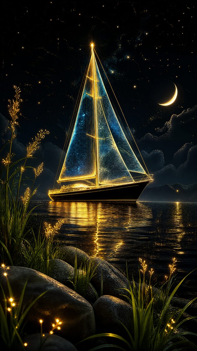 梦幻插画提示词：星空下发着金光的帆船（手机壁纸 / 绘本风）