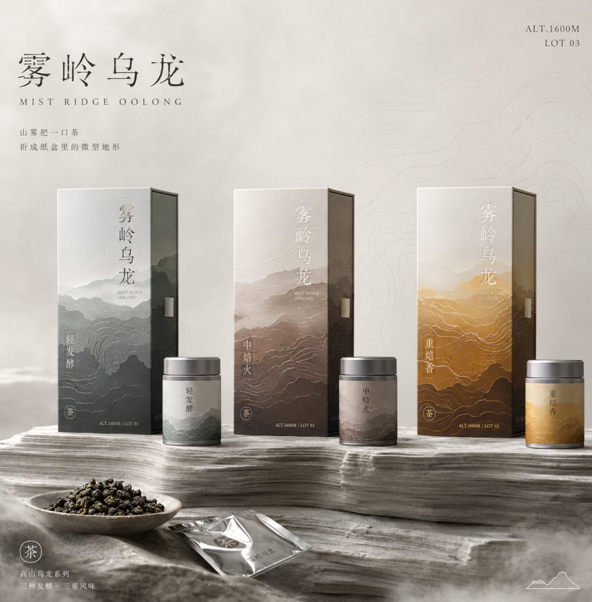 AI包装设计提示词：高山茶礼盒包装提案效果图（等高线山雾视觉）（gpt-image-2）