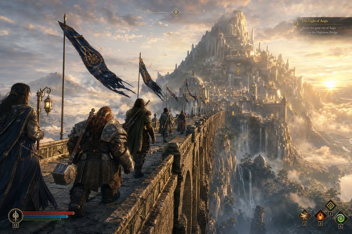 游戏UI提示词：奇幻 RPG 冒险小队过巨型石桥的游戏截图式主视觉（带任务提示 HUD）
