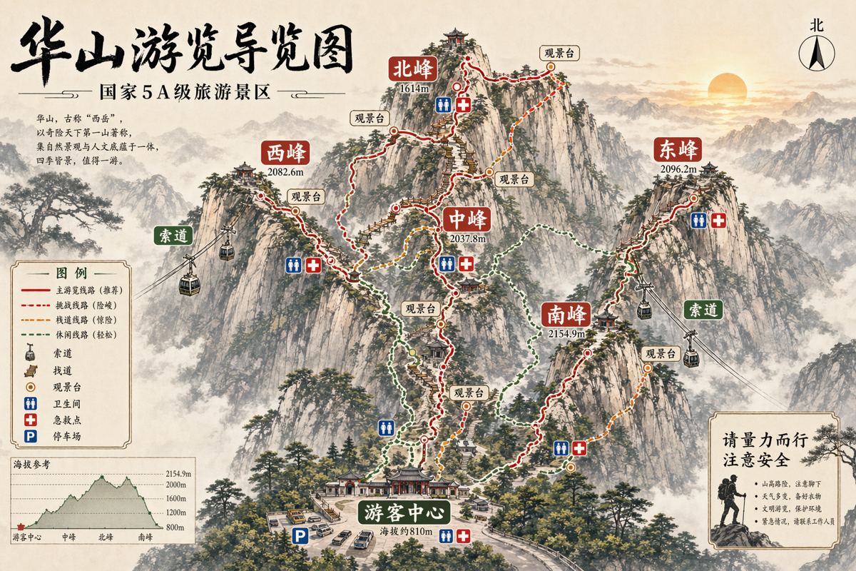 信息图提示词：中文景区游览导览图，水墨山峰 + 索道步道 + 海拔剖面 + 安全提示（华山示例）