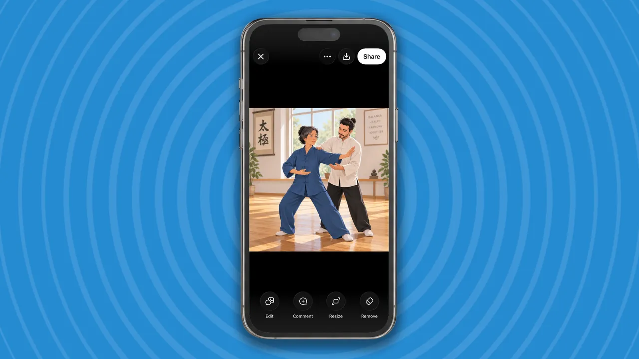 手机 App 全屏查看生成的图，底部是编辑、评论、调整尺寸、移除按钮（英文界面）