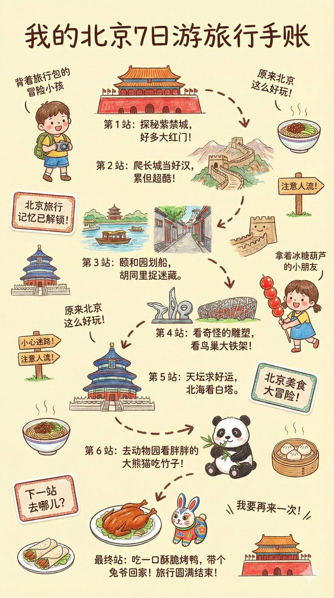 旅行手帐提示词（nano banana）：儿童手绘风城市旅行路线手帐（景点路线 + 美食 + 贴纸短句）