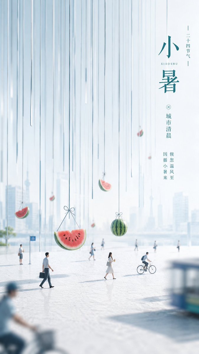 节气海报提示词：竖线阵列 + 微缩叙事的极简留白海报（小暑示例）（gpt-image-2）