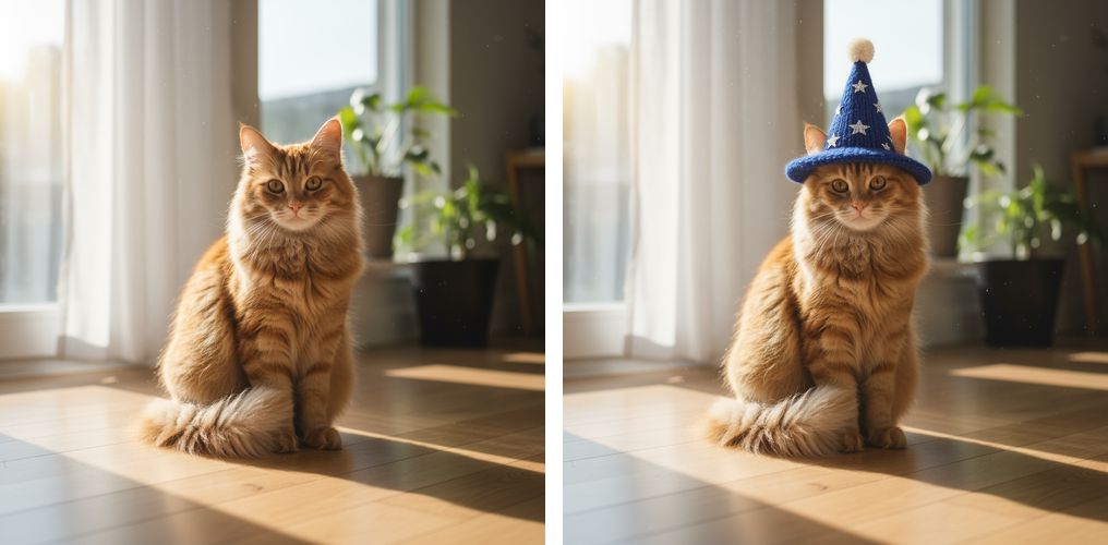 官方示例：上传一张猫的照片，要求「给猫戴一顶针织巫师帽」，左为原图、右为修改结果