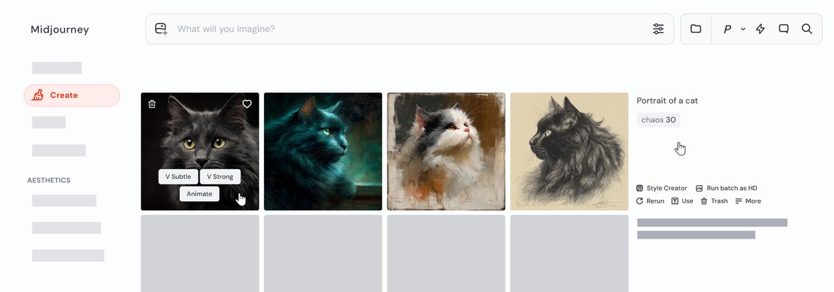 Midjourney 网页版 Create 页：顶部是 Imagine 栏，下面是创作流，鼠标悬停在图上会出现 Vary Subtle / Vary Strong / Animate 快捷按钮（英文界面）